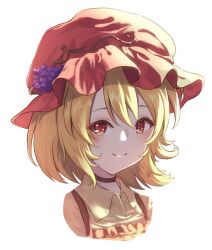 Rule 34 | 1girl, aki minoriko, blonde hair, closed mouth, commentary, fall (5754478), food, fruit, grapes, hat, looking at viewer, mob cap, portrait, red eyes, red hat, short hair, simple background, smile, solo, touhou, white background