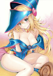 Rule 34 | 1girl, bare shoulders, blonde hair, blue hat, blush stickers, breasts, cleavage, collarbone, dark magician girl, duel monster, gradient background, green eyes, hair between eyes, hat, highres, holding, holding wand, large breasts, long hair, looking at viewer, pentacle, pink skirt, showgirl skirt, skirt, solo, strapless, traditional media, wand, witch hat, yosaku vs hina, yu-gi-oh!