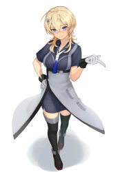 Rule 34 | 1girl, black gloves, black shirt, black skirt, black thighhighs, blonde hair, blue eyes, blush, closed mouth, collared shirt, full body, gloves, hair between eyes, hair ornament, hairclip, hand on own hip, highres, kantai collection, medium hair, necktie, porupurucha, revision, shirt, short sleeves, simple background, skirt, smile, solo, thighhighs, tuscaloosa (kancolle), two-tone gloves, white background, white gloves