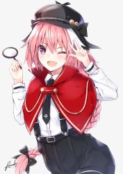 Rule 34 | 1boy, ;d, absurdres, alternate costume, astolfo (fate), bad id, bad pixiv id, bee doushi, black hat, black necktie, black ribbon, blush, braid, capelet, commentary request, fang, fate/apocrypha, fate (series), grey background, hair ribbon, hat, highres, long hair, long sleeves, magnifying glass, male focus, necktie, one eye closed, open mouth, pink hair, purple eyes, ribbon, shirt, signature, simple background, single braid, skin fang, smile, solo, trap, v, white shirt