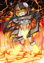 Rule 34 | black sclera, blonde hair, colored sclera, d:, dark skin, duel monster, fire, furumeta, highres, hood, laval forest sprite, lava, monster girl, multicolored hair, open mouth, orange hair, solo, torn clothes, yellow eyes, yu-gi-oh!