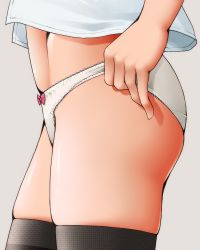 Rule 34 | 1girl, black thighhighs, blouse, bow, bow panties, dr rex, female focus, from side, grey background, lower body, no pants, open clothes, open shirt, original, panties, shirt, simple background, skindentation, solo, standing, thighhighs, thighs, underwear, white panties, white shirt