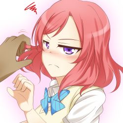 Rule 34 | 10s, 1boy, 1girl, angry, annoyed, blush, bow, bowtie, collared shirt, dark-skinned male, dark skin, disembodied hand, feitonokesin, frown, highres, love live!, love live! school idol project, medium hair, nishikino maki, nose blush, playing with another&#039;s hair, purple eyes, red hair, shirt, solo focus, squiggle, sweater vest, tsundere