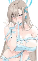Rule 34 | 1girl, apron, asuna (blue archive), bare shoulders, blue archive, blue eyes, blue ribbon, blush, breasts, cleavage, collarbone, grin, hair over one eye, hair ribbon, halo, highres, large breasts, light brown hair, long hair, looking at viewer, mole, mole on breast, naked apron, navel, nude, ribbon, smile, solo, v, very long hair, zekkyon