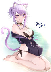 Rule 34 | 1girl, animal ear fluff, animal ears, arms between legs, artist name, bare shoulders, barefoot, bikini, bikini under clothes, black bikini, breasts, cat ears, cat girl, cat tail, cleavage, collar, collarbone, commentary request, dated, food-themed hair ornament, full body, groin, hair between eyes, hair ornament, hairclip, halterneck, highres, hololive, kneeling, large breasts, legs, long sleeves, looking at viewer, nekomata okayu, nekomata okayu (1st costume), off shoulder, onigiri hair ornament, partially unzipped, ponytail, purple eyes, purple hair, rei (rei 9146), short hair, side-tie bikini bottom, sidelocks, simple background, solo, string bikini, swimsuit, tail, tongue, tongue out, virtual youtuber, white background