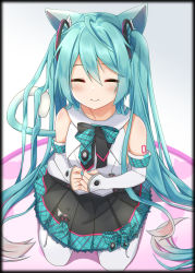 Rule 34 | 1girl, animal ears, animal print, aqua hair, bare shoulders, black skirt, blouse, blush, cat day, cat ears, cat girl, cat print, cat tail, commentary, detached sleeves, divergenceok, facing viewer, from above, hair ornament, hatsune miku, highres, long hair, magical mirai (vocaloid), magical mirai miku, magical mirai miku (2017), own hands together, plaid, plaid skirt, pleated skirt, seiza, shirt, shoulder tattoo, sitting, skirt, smile, solo, tail, tattoo, twintails, very long hair, vocaloid, white legwear, white shirt, white sleeves