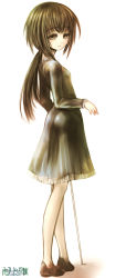 Rule 34 | absurdres, brown eyes, brown hair, cane, dated, dress, full body, highres, kotoba noriaki, long hair, long image, looking back, original, ponytail, shoes, simple background, solo, standing, tall image, white background