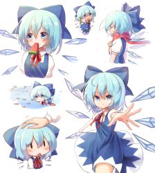 Rule 34 | 1girl, air bubble, bloomers, blue bow, blue dress, blue eyes, blue hair, blush, bow, bubble, chibi, cirno, closed eyes, commentary request, cowboy shot, cropped torso, disembodied hand, dress, eyes visible through hair, fish, flower, food, food in mouth, foreshortening, from side, hair between eyes, hair bow, headpat, highres, ice, ice wings, jellyfish, looking at viewer, mouth hold, multiple views, neck ribbon, outstretched arm, parted lips, pinafore dress, pink flower, plant, popsicle, profile, pudding (skymint 028), puffy short sleeves, puffy sleeves, reaching, reaching towards viewer, red ribbon, red scarf, ribbon, scarf, shirt, short hair, short sleeves, simple background, sleeveless, sleeveless dress, smile, sunflower, swimming, tanned cirno, thighs, touhou, underwater, underwear, upper body, vines, watermelon bar, white background, white shirt, wing collar, wings