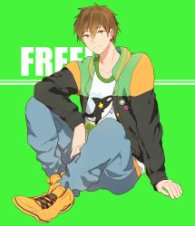 Rule 34 | 10s, 1boy, brown hair, free!, highres, jacket, male focus, shoes, sitting, smile, sneakers, solo, tachibana makoto