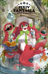 Rule 34 | 1girl, :d, bottle, bow, box, bracelet, colored skin, copyright name, fish, full body, green bow, green eyes, hair between eyes, highres, jewelry, long hair, looking at viewer, monster girl, open mouth, overgrown, pixiv fantasia, pixiv fantasia age of starlight, red hair, satuma s, scylla, smile, solo, starfish, tentacles, water, white headwear, white skin, wristband