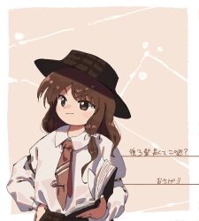 Rule 34 | 1girl, black hat, blush, book, border, bow, brown background, brown eyes, brown hair, brown necktie, closed mouth, commentary request, hair bow, hand on own hip, hat, highres, holding, holding book, long hair, long sleeves, looking ahead, nama udon, necktie, open book, outside border, shirt, shirt tucked in, simple background, sleeve garter, smirk, solo, touhou, translation request, upper body, usami renko, v-shaped eyebrows, white border, white bow, white shirt, zun (style)