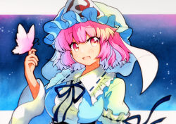 Rule 34 | 1girl, animal, bad id, bad twitter id, blue hat, blue kimono, blush, breasts, bug, butterfly, frilled kimono, frills, hair between eyes, hat, highres, insect, japanese clothes, kimono, large breasts, long sleeves, mob cap, open mouth, pink eyes, pink hair, qqqrinkappp, saigyouji yuyuko, short hair, smile, solo, touhou, traditional media, triangular headpiece, upper body, wide sleeves
