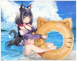 Rule 34 | 1girl, animal ear fluff, animal ears, bare shoulders, bikini, bikini under clothes, black hair, blue bikini, blue sky, blush, border, bow, breasts, cat ears, cat girl, cat tail, cleavage, cloud, cloudy sky, commentary request, day, eyewear on head, fang, front-tie bikini top, front-tie top, green eyes, hair bow, highres, innertube, innertube with ears, jacket, karyl (princess connect!), karyl (summer) (princess connect!), long sleeves, looking at viewer, low twintails, medium breasts, multicolored hair, navel, ocean, off shoulder, open clothes, open jacket, open mouth, outdoors, princess connect!, purple jacket, red bow, revision, short shorts, shorts, silver (chenwen), sitting, sky, solo, streaked hair, sunglasses, swim ring, swimsuit, tail, tail raised, twintails, water, white border, white hair, white shorts