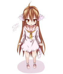 Rule 34 | 1girl, animal ears, brown eyes, brown hair, cat ears, cat tail, dress, long hair, mary janes, miyo (ranthath), neckerchief, open mouth, shoes, solo, tail, very long hair, white dress