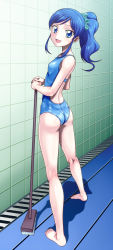 Rule 34 | 10s, 1girl, aikatsu!, aikatsu! (series), ass, blue eyes, blue hair, broom, cleaning brush, competition swimsuit, from behind, kiriya aoi, long hair, looking back, muhi11234, one-piece swimsuit, ponytail, swimsuit