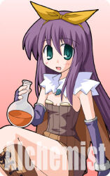 Rule 34 | 1girl, 2000s (style), :d, alchemist (ragnarok online), aqua eyes, blue gloves, boots, breasts, brown cape, brown dress, brown footwear, cape, character name, cleavage, dress, elbow gloves, fingerless gloves, flask, gloves, gradient background, hair between eyes, hairband, holding, holding flask, kikkawa (citrus fruits), knee boots, long hair, magatama, open mouth, potion, purple hair, ragnarok online, round-bottom flask, short dress, sidelocks, small breasts, smile, solo, strapless, strapless dress, yellow hairband