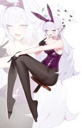 Rule 34 | 1girl, ;d, absurdres, alternate costume, animal ears, bare shoulders, black gloves, black pantyhose, blue archive, blush, collarbone, fake animal ears, flat chest, flower, gloves, grey hair, hair flower, hair ornament, halo, highres, himari (blue archive), leotard, long hair, looking at viewer, mole, mole under eye, no shoes, on stool, one eye closed, open mouth, oversized breast cup, pantyhose, playboy bunny, pointy ears, purple leotard, rabbit ears, sitting, smile, solo, strapless, strapless leotard, very long hair, zanya 000, zoom layer