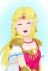 Rule 34 | 1girl, blonde hair, breasts, cape, dress, earrings, elf, closed eyes, gem, happy, highres, jewelry, laughing, long hair, necklace, nintendo, open mouth, pink vest, pointy ears, princess zelda, sidelocks, smile, solo, super smash bros., the legend of zelda, the legend of zelda: a link between worlds, the legend of zelda: a link to the past, tiara, triforce, upper body, vest
