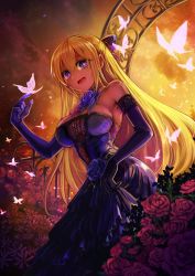 Rule 34 | 1girl, absurdres, animal, bare shoulders, blonde hair, blue dress, blue flower, blue gloves, blue rose, breasts, bug, butterfly, butterfly on hand, choker, cleavage, cloud, cloudy sky, dress, elbow gloves, eyes visible through hair, flower, flower choker, garden, gloves, highres, huge filesize, insect, komota (kanyou shoujo), large breasts, open mouth, original, outdoors, purple eyes, red flower, red rose, rose, sky, smile, solo, standing, tongue, yellow sky