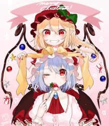Rule 34 | 2girls, ascot, bad id, bad pixiv id, bat wings, blonde hair, blue hair, brooch, commentary request, eating, flandre scarlet, food, fork, fruit, gotou (nekocat), gradient background, green ribbon, hat, hat ribbon, holding, holding fork, jewelry, merry christmas, mob cap, multiple girls, nail polish, one eye closed, pink background, pointy ears, puffy short sleeves, puffy sleeves, red eyes, red hat, red nails, red skirt, remilia scarlet, ribbon, short sleeves, siblings, sisters, skirt, smile, strawberry, touhou, v-shaped eyebrows, white hat, wings, wrist cuffs, yellow ribbon