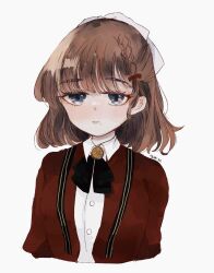 Rule 34 | 1girl, asahi (kancolle), braid, brown hair, closed mouth, collared shirt, cropped torso, grey background, highres, kantai collection, looking at viewer, mole, mole under mouth, red ribbon, ribbon, shirt, short hair, side braid, simple background, solo, tokiwa (tkw kc), twitter username, upper body, white shirt
