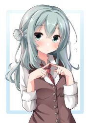 Rule 34 | 1girl, :/, aqua eyes, aqua hair, beads, between breasts, blush, breasts, brown vest, closed mouth, collared shirt, commentary, fidgeting, flying sweatdrops, frown, furrowed brow, hair beads, hair between eyes, hair bun, hair ornament, head tilt, highres, index fingers together, large breasts, long hair, looking at viewer, necktie, necktie between breasts, red necktie, riddle joker, shikibe mayu, shirt, simple background, single hair bun, solo, takepoison, upper body, vest, wavy hair, white background, white shirt, yuzu-soft