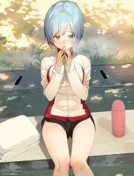 Rule 34 | 1girl, :o, absurdres, akinashi yuu, artist name, black shorts, blue eyes, blue hair, blush, breast press, breasts, breath, dappled sunlight, day, dengeki moeou, grass, highres, jacket, knees together feet apart, legs together, long sleeves, looking at viewer, matching hair/eyes, medium breasts, non-web source, nose blush, open mouth, outdoors, plant, short hair, short shorts, shorts, sitting, solo, sunlight, thermos, towel, track jacket, turtleneck, white jacket