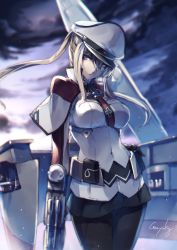 Rule 34 | 10s, 1girl, anchor, black gloves, black pantyhose, black skirt, blonde hair, blue eyes, breasts, capelet, cross, genyaky, gloves, graf zeppelin (kancolle), hair between eyes, hair over breasts, hand on own hip, hat, impossible clothes, iron cross, kantai collection, large breasts, long hair, looking at viewer, looking down, miniskirt, navel, necktie, pantyhose, peaked cap, sidelocks, signature, skirt, solo, twintails, uniform
