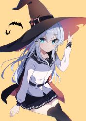 Rule 34 | 1girl, bat (animal), belt, black cape, black thighhighs, blue eyes, blue hair, blue skirt, blush, cape, commentary, crossed legs, fathom, hair ornament, hairclip, halloween, hat, hibiki (kancolle), highres, kantai collection, light blue hair, long hair, looking at viewer, orange background, pleated skirt, school uniform, serafuku, simple background, sitting, skirt, solo, thighhighs, verniy (kancolle), witch hat