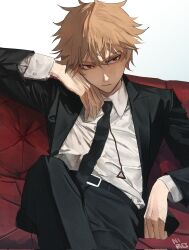 Rule 34 | 1boy, artist name, black jacket, black necktie, black pants, blonde hair, buttoned cuffs, buttons, chainsaw man, collared shirt, crossed legs, denji (chainsaw man), formal, highres, jacket, looking at viewer, necktie, niroxin, pants, pull cord, shirt, shirt tucked in, short hair, sitting, solo, suit, suit jacket, white shirt