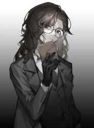 Rule 34 | 1girl, akechi (826988799), black gloves, black jacket, black necktie, buttons, closed mouth, formal, gloves, gradient background, grey background, grey eyes, highres, holding, holding letter, jacket, letter, medium hair, necktie, pale skin, parted bangs, reverse:1999, solo, suit, three-piece suit, tooth fairy (reverse:1999), wavy hair, wax seal