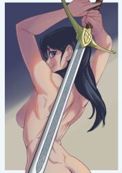 Rule 34 | 1girl, arms up, ass, back, back focus, black hair, blue eyes, breasts, butt crack, from behind, highres, holding, holding sword, holding weapon, large breasts, looking at viewer, nude, original, sideways glance, smile, solo, sword, sword behind back, toned, weapon, zarlek 9
