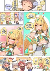 Rule 34 | absurdres, alternate hairstyle, bare shoulders, blonde hair, breasts, chest jewel, cleavage, cleavage cutout, clothing cutout, comic, dress, earrings, elbow gloves, english text, gloves, highres, jewelry, large breasts, long hair, multiple boys, multiple girls, mythra (xenoblade), nia (xenoblade), osora (judithandlilith), ponytail, pyra (xenoblade), rex (xenoblade), short dress, swept bangs, tiara, tsundere, very long hair, white dress, white gloves, xenoblade chronicles (series), xenoblade chronicles 2, yellow eyes, zeke von genbu (xenoblade)
