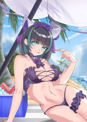 Rule 34 | 1girl, :q, absurdres, animal ears, aqua eyes, aqua nails, arm support, azur lane, bare shoulders, beach, beach mat, beach umbrella, bikini, black hair, blue sky, blush, breasts, can, cat ears, cheshire (azur lane), cheshire (summery date!) (azur lane), choker, cleavage, cloud, cloudy sky, collarbone, commentary request, cooler, cowboy shot, day, drink can, earrings, fake animal ears, fang, groin, highres, ice, ice cube, jewelry, large breasts, looking at viewer, midriff, multicolored hair, nail polish, navel, neck ribbon, ocean, outdoors, palm tree, purple bikini, purple choker, purple ribbon, ribbon, short hair, sidelocks, sitting, skin fang, sky, smile, soda can, solo, strapless, strapless bikini, streaked hair, swimsuit, thigh strap, tongue, tongue out, tree, umbrella, yoshitoki (kisshin)