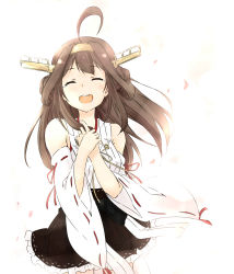 Rule 34 | 10s, 1girl, :d, ^ ^, ahoge, black skirt, brown hair, closed eyes, detached sleeves, double bun, closed eyes, hairband, hands on own chest, happy, hatamichi mihiro, highres, jewelry, kantai collection, kongou (kancolle), long hair, michibata5656, nontraditional miko, open mouth, own hands together, personification, petals, pleated skirt, ribbon-trimmed sleeves, ribbon trim, ring, skirt, smile, solo, tears, wedding band, wind