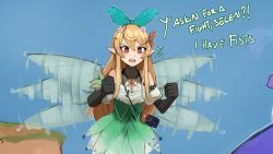 Rule 34 | 1girl, absurdres, afterimage, black gloves, blonde hair, blue sky, blush, brown eyes, clenched hands, elbow gloves, english text, fairy, fairy wings, flying, gloves, green ribbon, green skirt, hair ribbon, halterneck, high-waist skirt, highres, kart prowler, long hair, mini person, minigirl, motion blur, nijisanji, nijisanji en, open mouth, pointy ears, pomu rainpuff, pomu rainpuff (1st costume), ribbon, skirt, sky, solo, virtual youtuber, wings