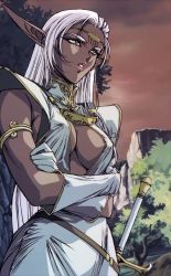 Rule 34 | 1990s (style), 1girl, artist request, breasts, character request, cleavage, crossed arms, dark-skinned female, dark skin, dress, elf, forehead, gloves, grey eyes, large breasts, lipstick, long hair, makeup, pirotess, pointy ears, record of lodoss war, retro artstyle, solo, sword, weapon, white hair