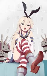 Rule 34 | 10s, 1girl, black panties, blonde hair, blush, brown eyes, crossed legs, elbow gloves, flat chest, gloves, hair ribbon, highres, kantai collection, kato (artist), kato (mogumoguokome), long hair, looking at viewer, panties, personification, rensouhou-chan, ribbon, sailor collar, shimakaze (kancolle), sitting, skirt, solo, striped clothes, striped thighhighs, thighhighs, underwear, white gloves