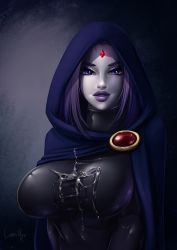 Rule 34 | 1girl, 2018, arms at sides, blue eyes, breasts, closed mouth, colored skin, cum, cum on clothes, dc comics, eyebrows, eyelashes, eyeshadow, female focus, grey skin, highres, lips, lipstick, looking at viewer, luminyu, makeup, nipples, nose, nude, purple eyes, purple hair, purple lips, purple skin, purple theme, raven (dc), smile, solo, tagme, teen titans, text focus, upper body