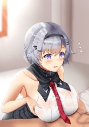 Rule 34 | 1boy, 1girl, armpits, azur lane, bare shoulders, black hairband, black skirt, blurry, blurry background, blush, breast press, breasts, clothed female nude male, collarbone, commentary request, flying sweatdrops, grey hair, hair between eyes, hair ornament, hairband, hairclip, highres, indoors, large breasts, looking at another, lower body, lying, necktie, nude, on back, paizuri, paizuri under clothes, parted hair, parted lips, purple eyes, red necktie, reno (azur lane), see-through, shirt, short hair, sideboob, sidelocks, skirt, sleeveless, sleeveless shirt, solo focus, tomohiro (duo), upper body, wet, wet clothes, wet shirt, window