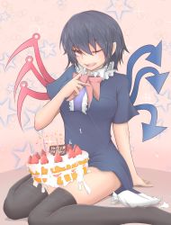 Rule 34 | 1girl, arm support, asymmetrical wings, black dress, black hair, black thighhighs, breasts, cake, cream, cream on face, cube85, dress, food, food on face, happy birthday, highres, houjuu nue, looking at viewer, medium breasts, one eye closed, pink background, red eyes, short dress, short sleeves, sitting, solo, star (symbol), starry background, thighhighs, thighs, touhou, wariza, wings, zettai ryouiki
