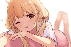 Rule 34 | 1girl, ahoge, barefoot, blonde hair, blurry, blurry background, brown eyes, cheek press, close-up, depth of field, dot nose, foreshortening, futaba anzu, head tilt, idolmaster, idolmaster cinderella girls, long hair, looking at viewer, low twintails, lying, mmmakaron888, on stomach, one eye closed, open mouth, pillow, shirt, short sleeves, solo, t-shirt, tareme, twintails, white shirt