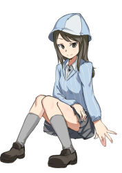 Rule 34 | 10s, 1girl, arm support, blue footwear, blue hat, blue shirt, brown eyes, brown hair, closed mouth, dress shirt, full body, geregere (lantern), girls und panzer, grey skirt, grey socks, hat, invisible chair, keizoku school uniform, loafers, long hair, long sleeves, looking at viewer, mika (girls und panzer), miniskirt, pleated skirt, school uniform, shirt, shoes, simple background, sitting, sketch, skirt, smile, socks, solo, striped clothes, striped shirt, vertical-striped clothes, vertical-striped shirt, white background, white shirt, wing collar