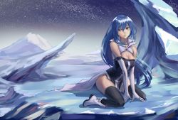 Rule 34 | 1girl, blue eyes, blue hair, cang yue (tou xing jiuyue tian), gloves, highres, ice, long hair, looking at viewer, night, shoes, sitting, solo, thighhighs, thighs, tou xing jiuyue tian, waist cape, white gloves, world (1257843324)