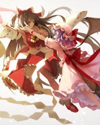 Rule 34 | 2girls, backlighting, bat wings, bow, brown eyes, brown hair, dress, eye contact, fami (yellow skies), gohei, hair bow, hair tubes, hakurei reimu, hat, hat ribbon, light purple hair, long hair, long sleeves, looking at another, mary janes, md5 mismatch, mob cap, multiple girls, open mouth, outstretched arm, pink dress, puffy short sleeves, puffy sleeves, remilia scarlet, resolution mismatch, ribbon, ribbon-trimmed sleeves, ribbon trim, sash, shirt, shoes, short sleeves, skirt, skirt set, source larger, spear the gungnir, touhou, very long hair, wide sleeves, wings, wrist cuffs