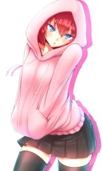 Rule 34 | 1girl, afterimage, black thighhighs, blue eyes, blush, fal (fal-se-0), hands in pockets, highres, hood, hoodie, leaning, long sleeves, looking at viewer, md5 mismatch, original, parted lips, pleated skirt, red hair, simple background, skirt, solo, thighhighs, white background, zettai ryouiki
