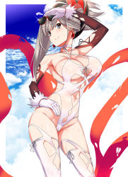 Rule 34 | 1girl, arm up, asymmetrical hair, bare shoulders, blue eyes, blue sky, blush, breasts, choker, cleavage, closed mouth, clothing cutout, cloud, collarbone, criss-cross halter, day, earrings, eyewear on head, fate/grand order, fate (series), fujisaki eru, gloves, grey hair, hair ornament, halterneck, hand on own hip, highleg, highleg swimsuit, highres, hip focus, jewelry, large breasts, long hair, looking at viewer, miyamoto musashi (fate), navel, navel cutout, one-piece swimsuit, ponytail, sash, sky, smile, solo, sunglasses, swimsuit, thighs, white gloves, white legwear, white one-piece swimsuit