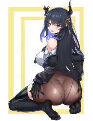 Rule 34 | 1girl, absurdres, ass, black gloves, black hair, black horns, black thighhighs, blue hair, blush, breasts, brown pantyhose, dnumde, feet, female focus, full body, fur-trimmed sleeves, fur trim, gloves, hair ornament, highres, hololive, hololive english, horns, kneeling, large breasts, long hair, mole, mole under eye, multicolored hair, nerissa ravencroft, nerissa ravencroft (1st costume), no shoes, open mouth, pantyhose, red eyes, soles, solo, tassel, tassel hair ornament, thighhighs, two-tone hair, very long hair, virtual youtuber