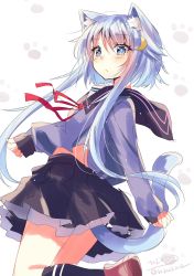 Rule 34 | 1girl, animal ears, black serafuku, blue eyes, blush, cat ears, cat tail, crescent, crescent hair ornament, hair between eyes, hair ornament, highres, hizaka, kantai collection, long sleeves, looking at viewer, pleated skirt, purple hair, ribbon, school uniform, serafuku, short hair, short hair with long locks, simple background, skirt, solo, tail, twitter username, white background, yayoi (kancolle)