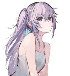 Rule 34 | 1girl, bare shoulders, blue eyes, camisole, character request, collarbone, highres, irikawa, long hair, looking at viewer, purple hair, side ponytail, simple background, solo, tagme, white background, white camisole